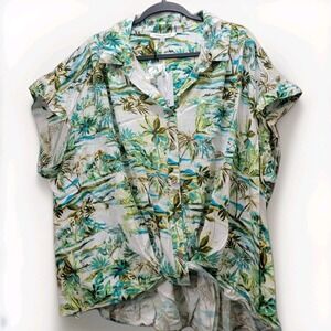 Rose + Olive Woman Plus Size Blouse 2X Cap Sleeves Button Up Floral Tropical NWT
